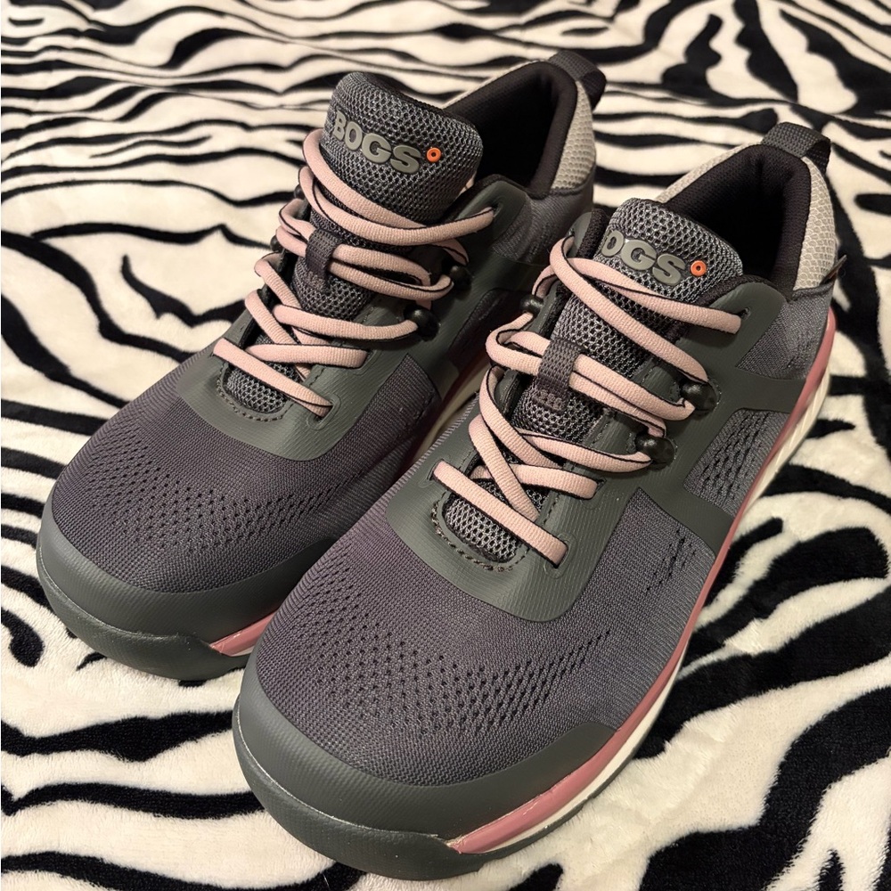 BOGS Women's Gray Athletic Sneakers Steel Toe with Pink Accents